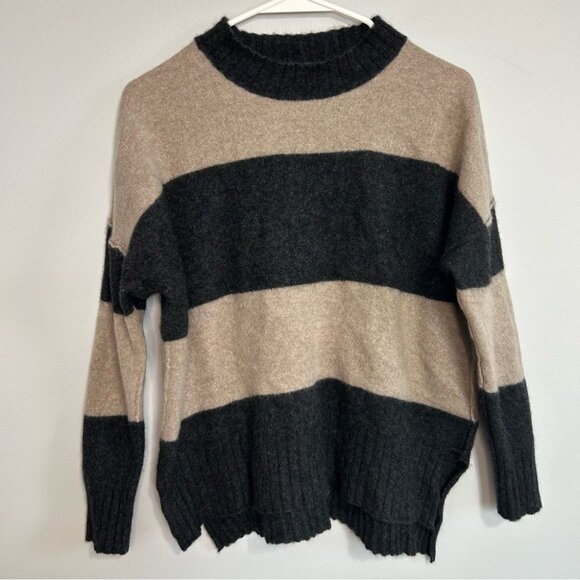 360 Cashmere 100% Cashmere Black Tan Striped Crewneck Sweater Women’s Size Large - Picture 1 of 5